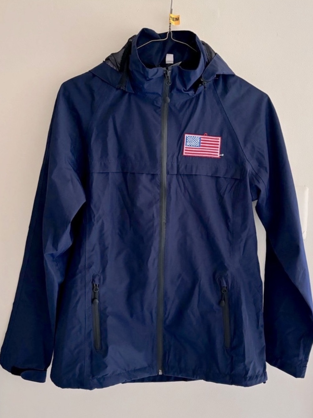 Navy Hooded Raincoat with American Flag Patch for women
